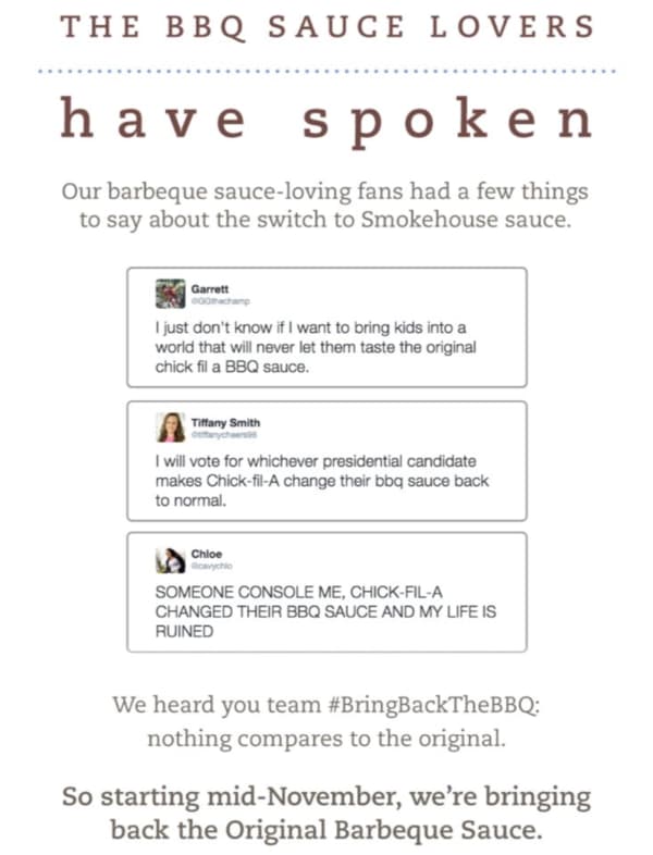 Promo image from Chic-fil-A declaring that the public has spoken and they will bring back their original BBQ sauce.