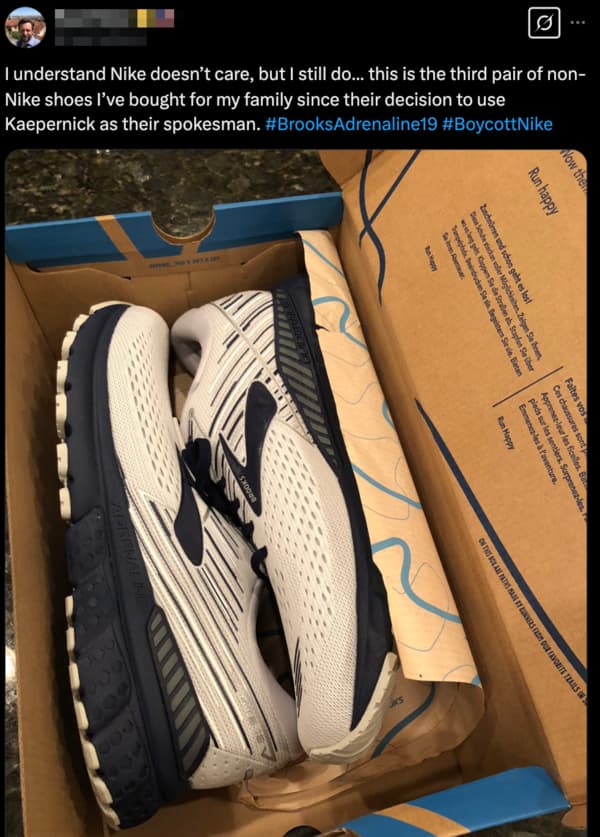 Instagram post of a pair of Brooks running shoes with the caption (in part): "...Nike doesn