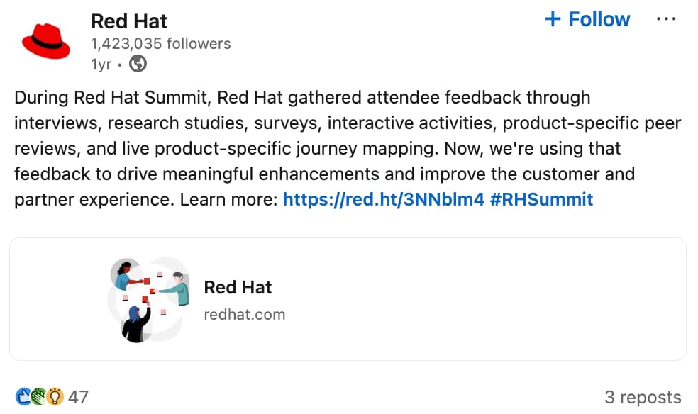 Long-winded LinkedIn post by Red Hat talking about how they