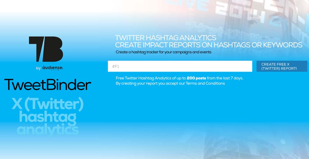 TweetBinder homepage displaying a search bar for Twitter hashtag analytics and options to create free reports.