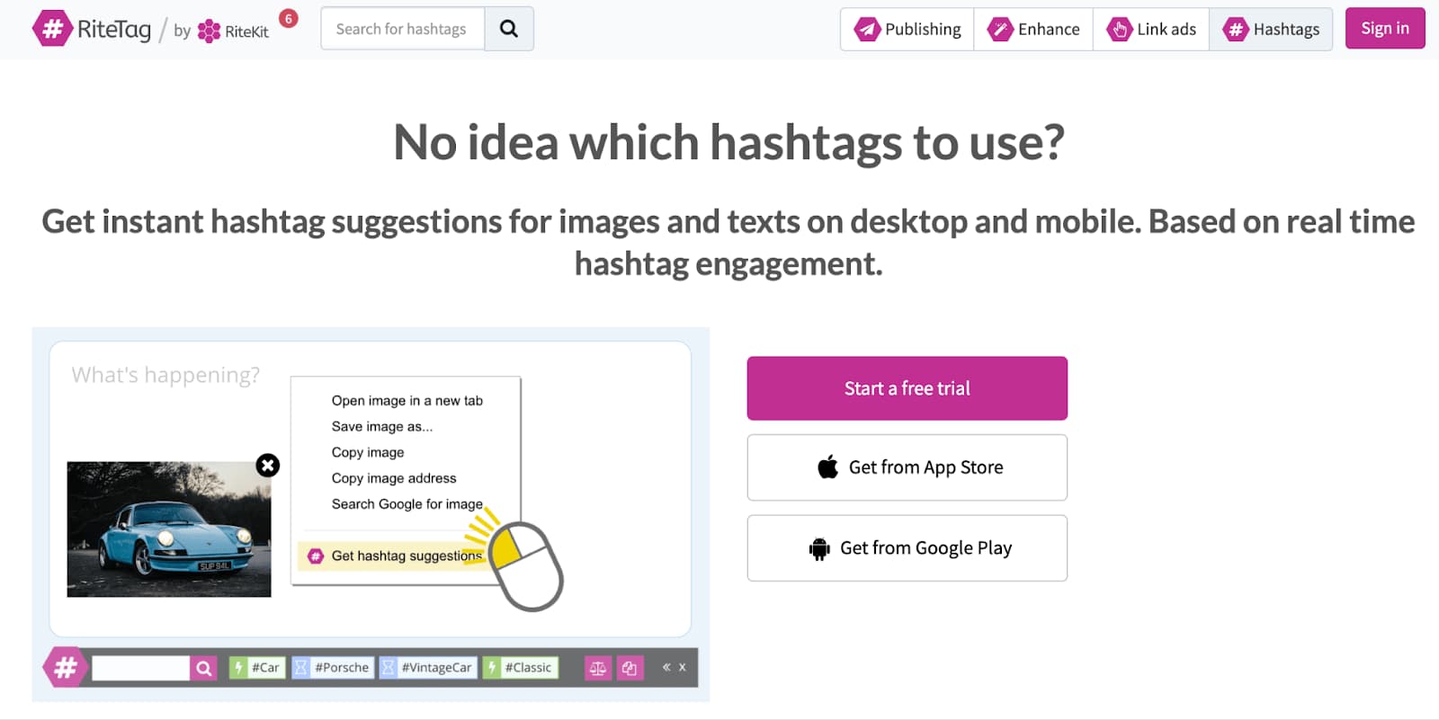 Screenshot of the RiteTag website offering hashtag suggestions, with highlighted button for getting hashtag suggestions.