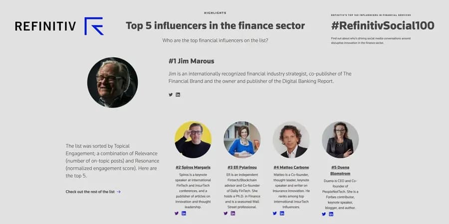 Screenshot of Refinitiv homepage with a header "Top 5 Influencers in the finance sector"