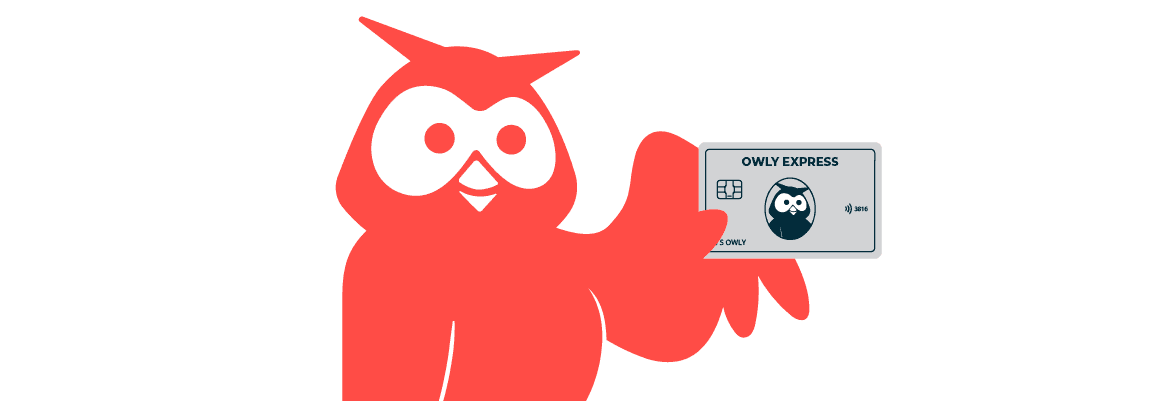 Red owl mascot holding credit card