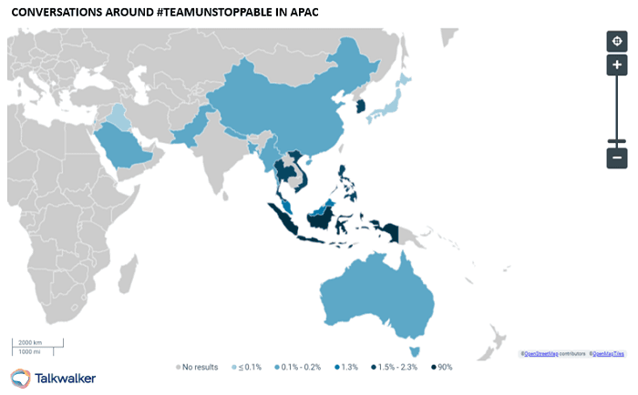 Team Unstoppableハッシュタグをめぐる会話(APAC、世界地図に表示)