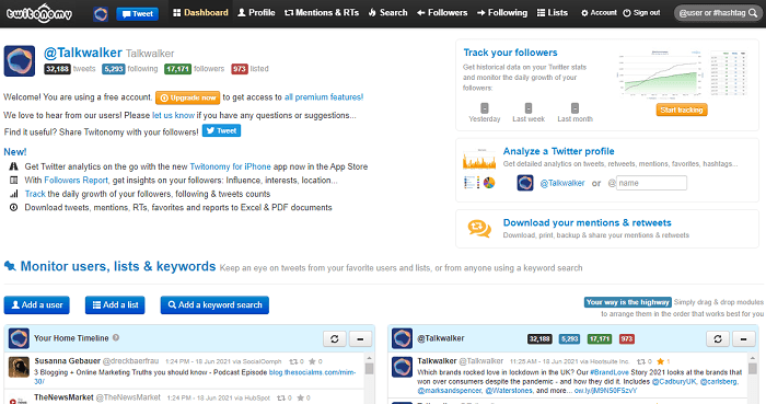 Twitter analytics tools - Twitonomy website home page