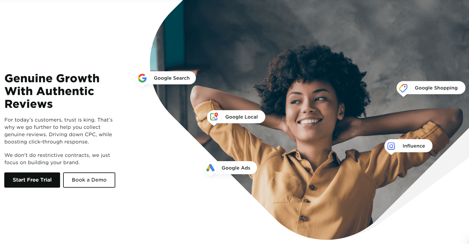 Screenshot von reviews.io Webseite - Frau lächelt und lehnt sich entspannt zurück