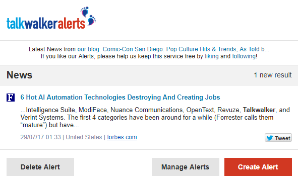 social media analytics tools - Talkwalker Alerts