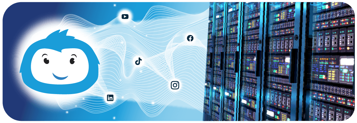 Talkwalker mascot Yeti smiling at data servers