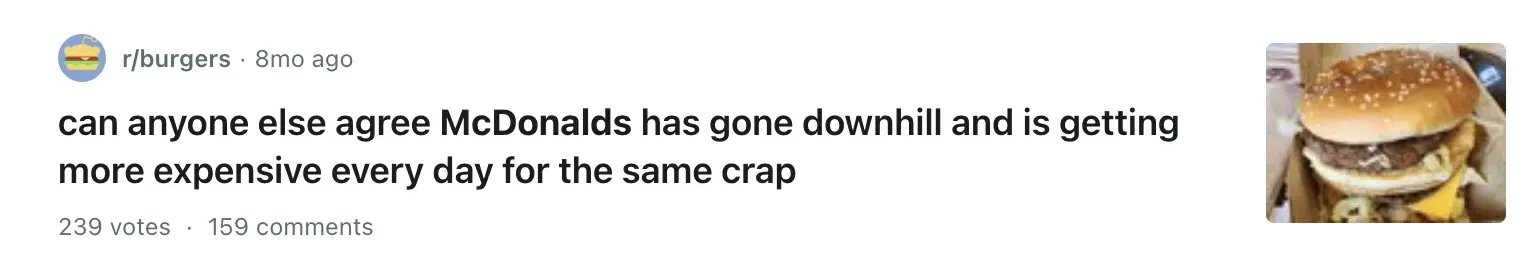 Screenshot from the reddit group r/burgers that asks "can anyone else agree McDonald