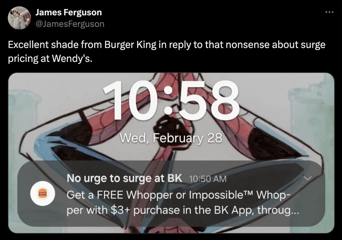 X post from @JamesFerguson noting the "excellent shade" from Burger King about surge pricing at Wendy