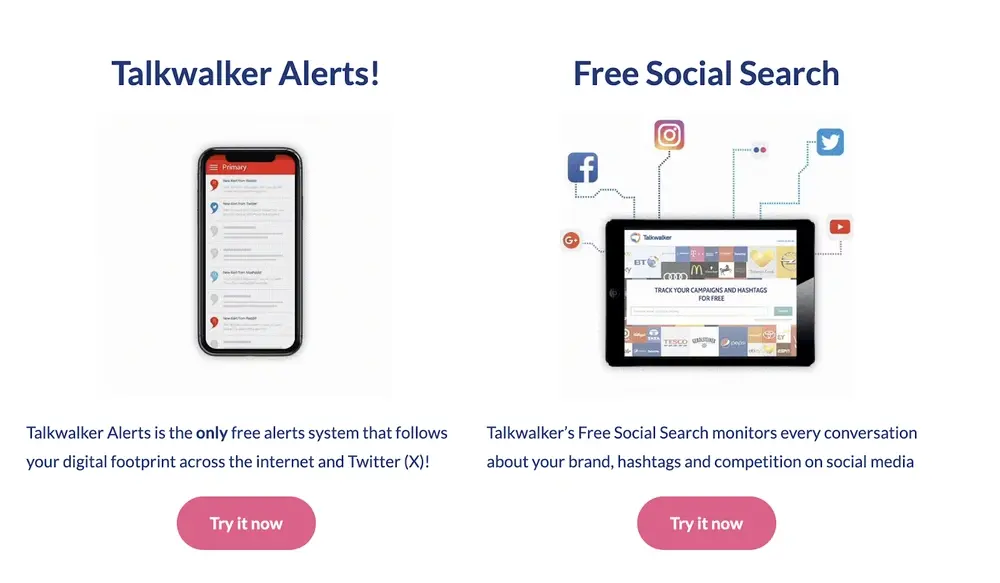 Talkwalker Free Social Search and Talkwalker Alerts! Trial buttons