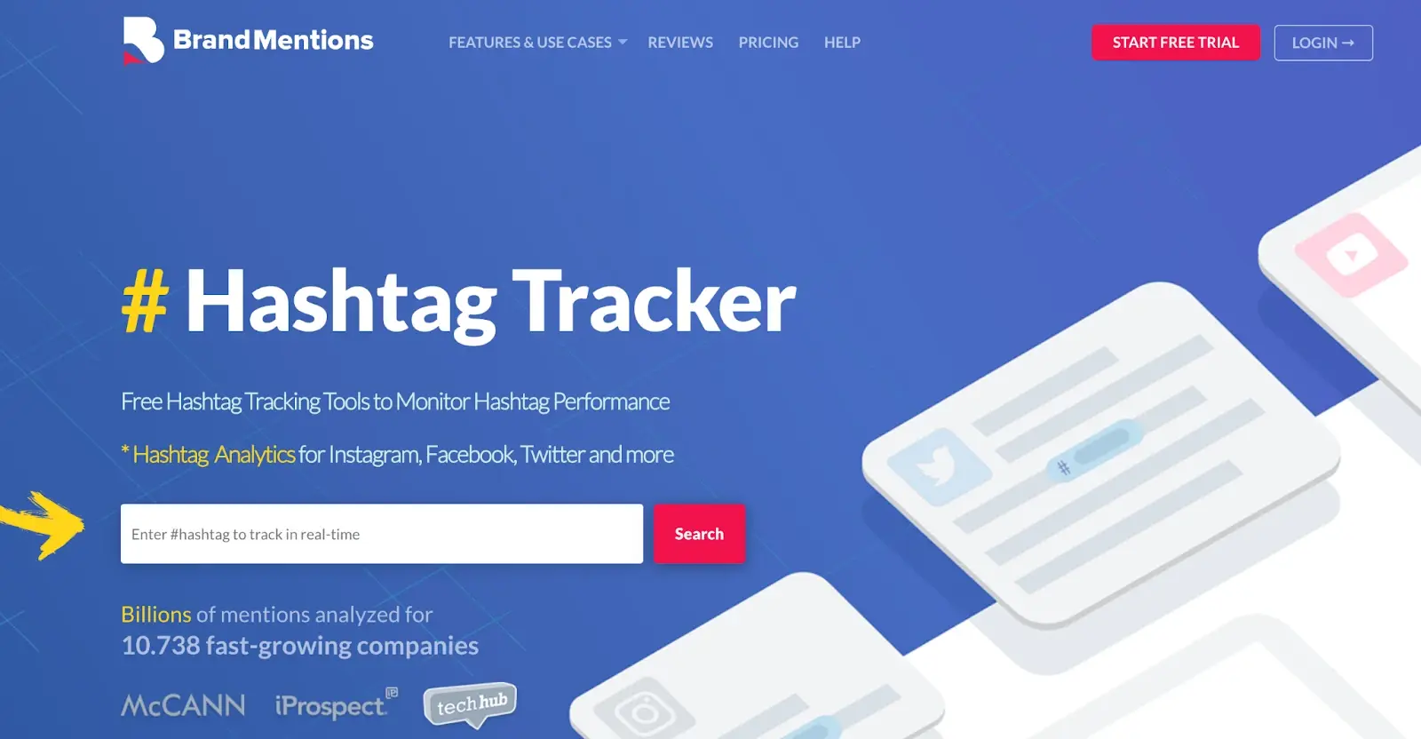 BrandMentions Hashtag Tracker webpage with a search bar to track hashtag performance in real-time on various platforms.