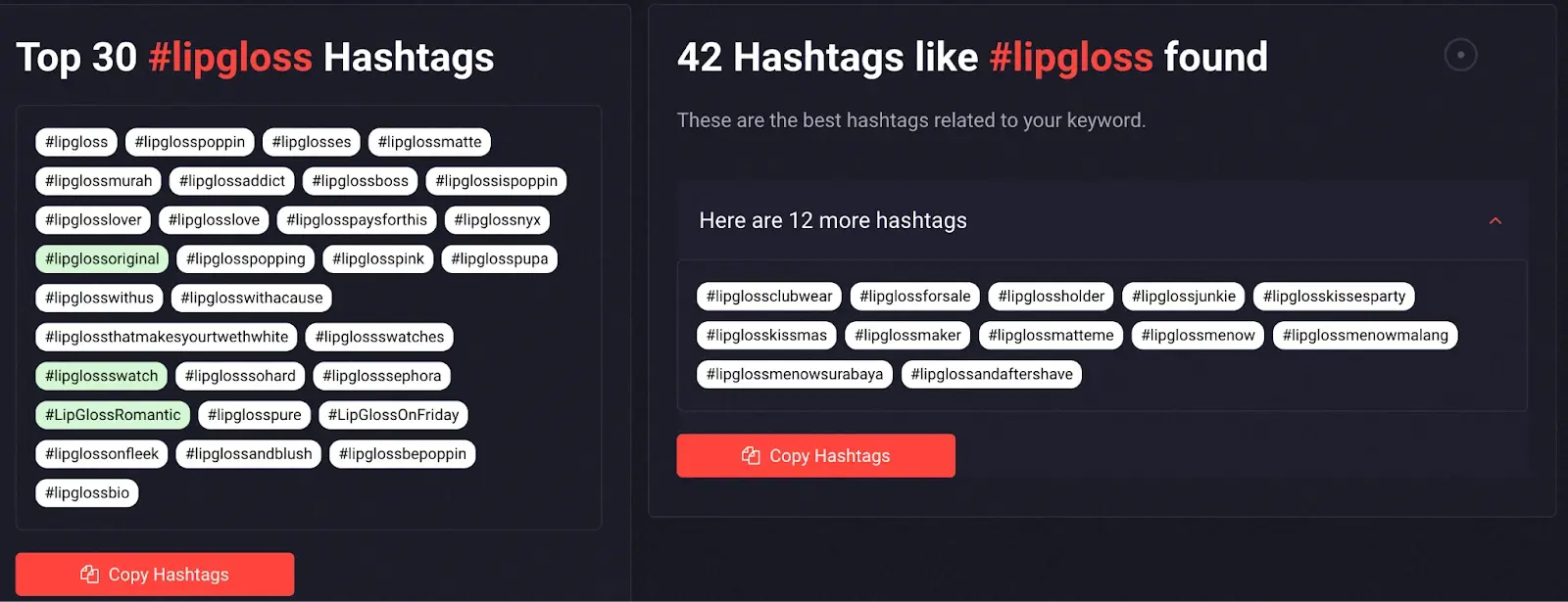 Screenshot showing lists of top and related hashtags for lipgloss, with options to copy the suggested hashtags.