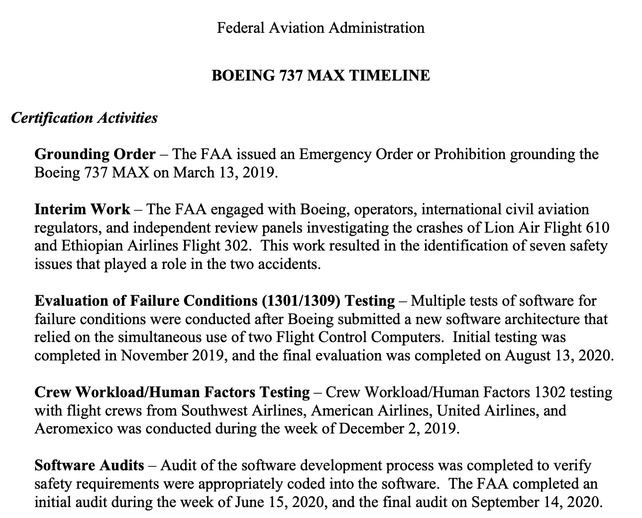 Text document detailing FAA certification activities and testing timeline for the Boeing 737 MAX following two accidents.