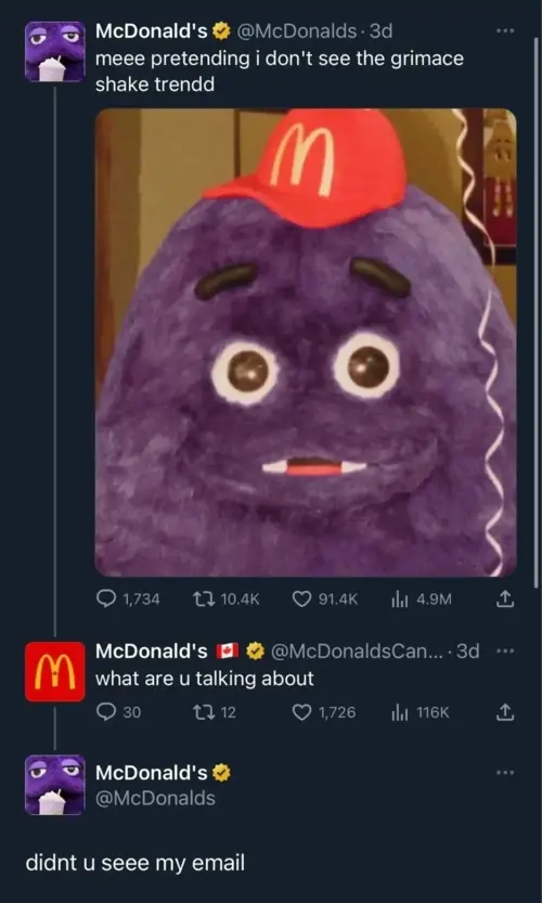 Tweets and responses by McDonalds and McDonaldsCanada about Grimace.
