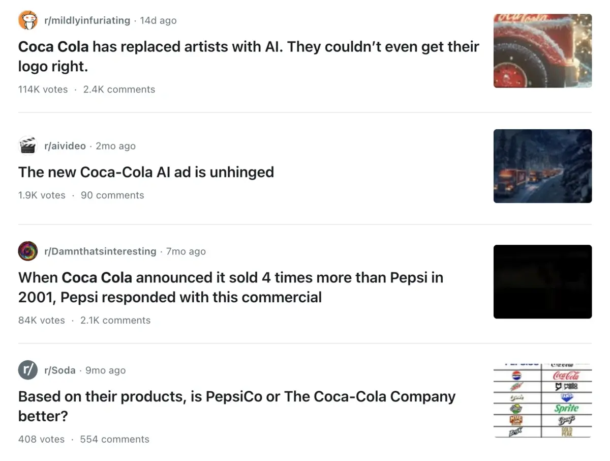 Four posts from four Reddit communities that mention Coca Cola.