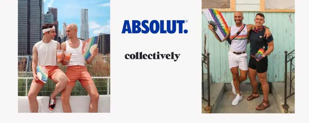 An Absolut vodka ad with two images of gay couples outside on a sunny day.