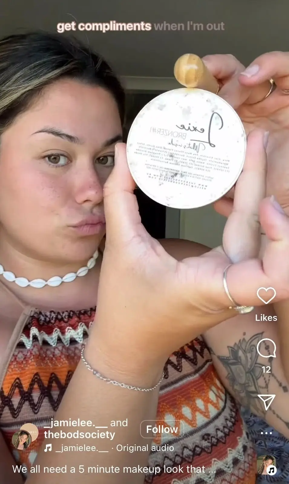 Instagram reel by @thebodsociety showing a woman holding up a package of makeup