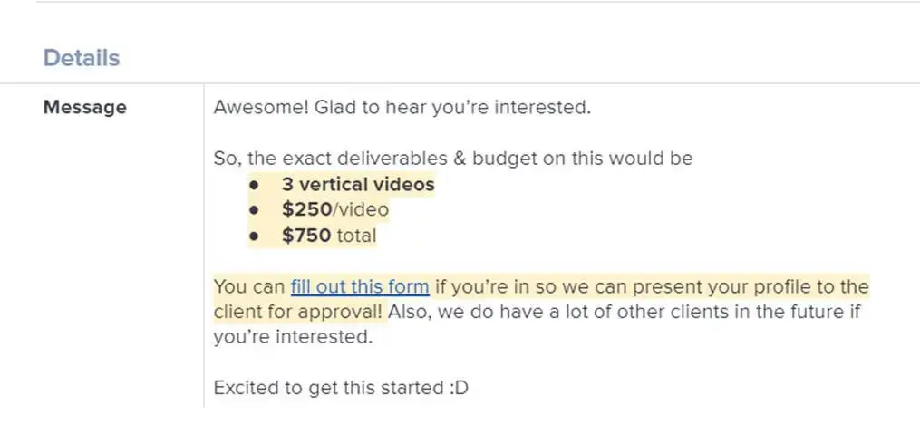 A sample quote for deliverables. Text includes "3 vertical videos, $250/video, $750 total". Excited to get this started!"