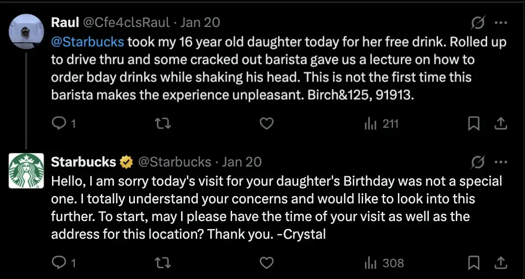 Instagram user Raul complaining about how a Starbucks barista ruined his daughter